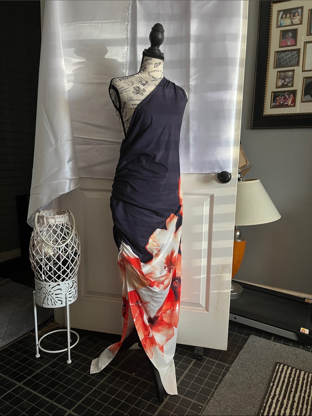 SHEIN Navy One-Shoulder Maxi Dress with Red and White Floral Print